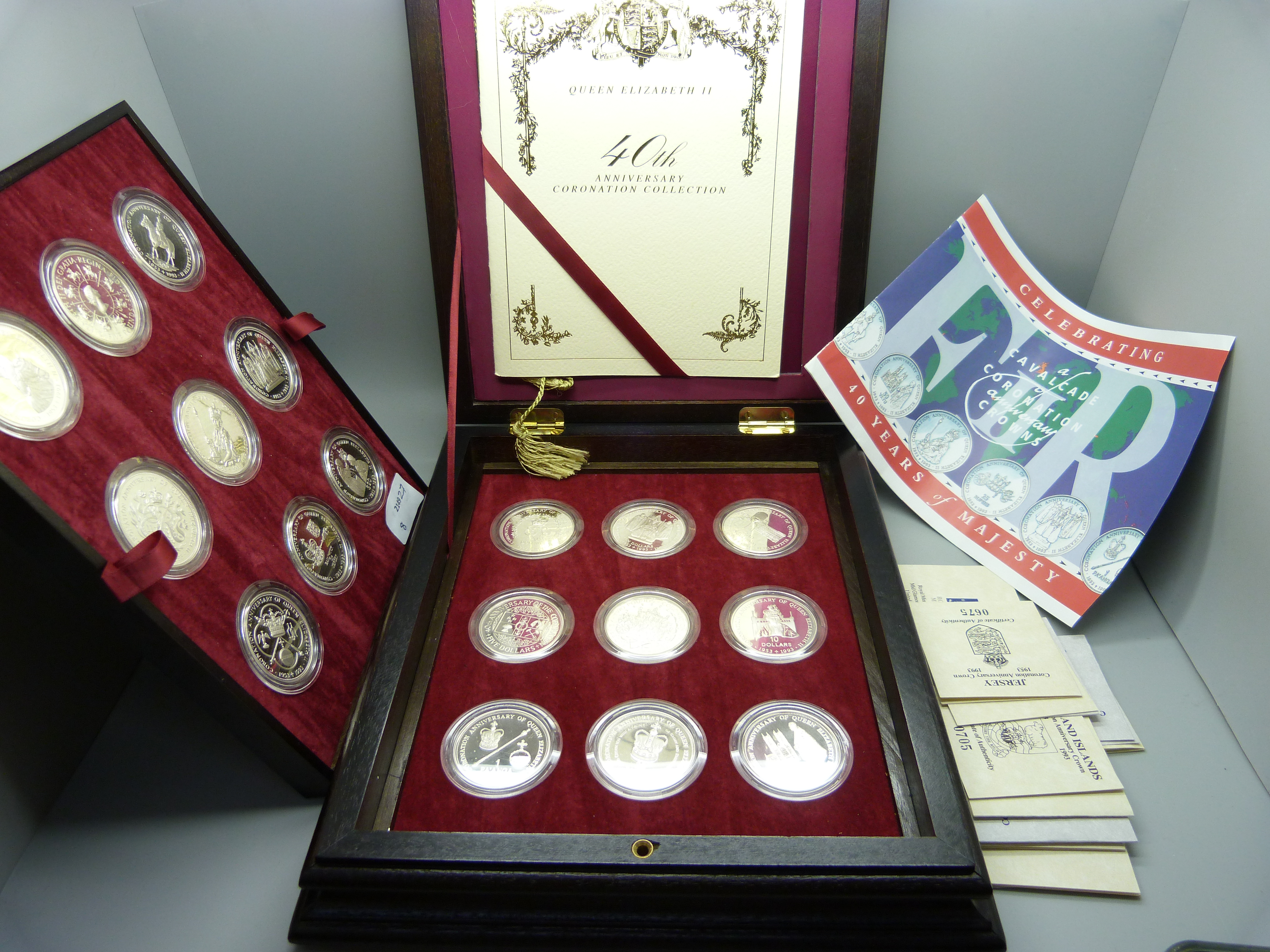 A 40th Anniversary Coronation collection of eighteen silver coins, boxed with paperwork