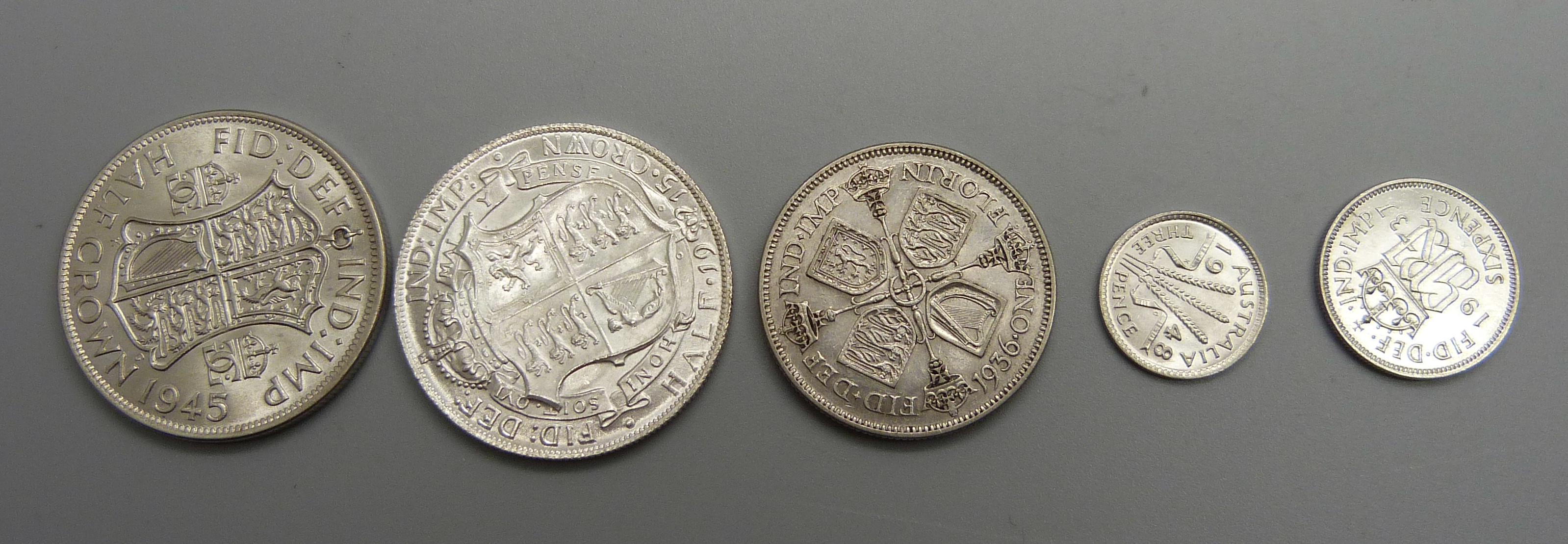 Two half-crowns 1915 and 1945, a 1936 florin, a 1937 sixpence and a 1948 Australian 3d coin - Image 4 of 4