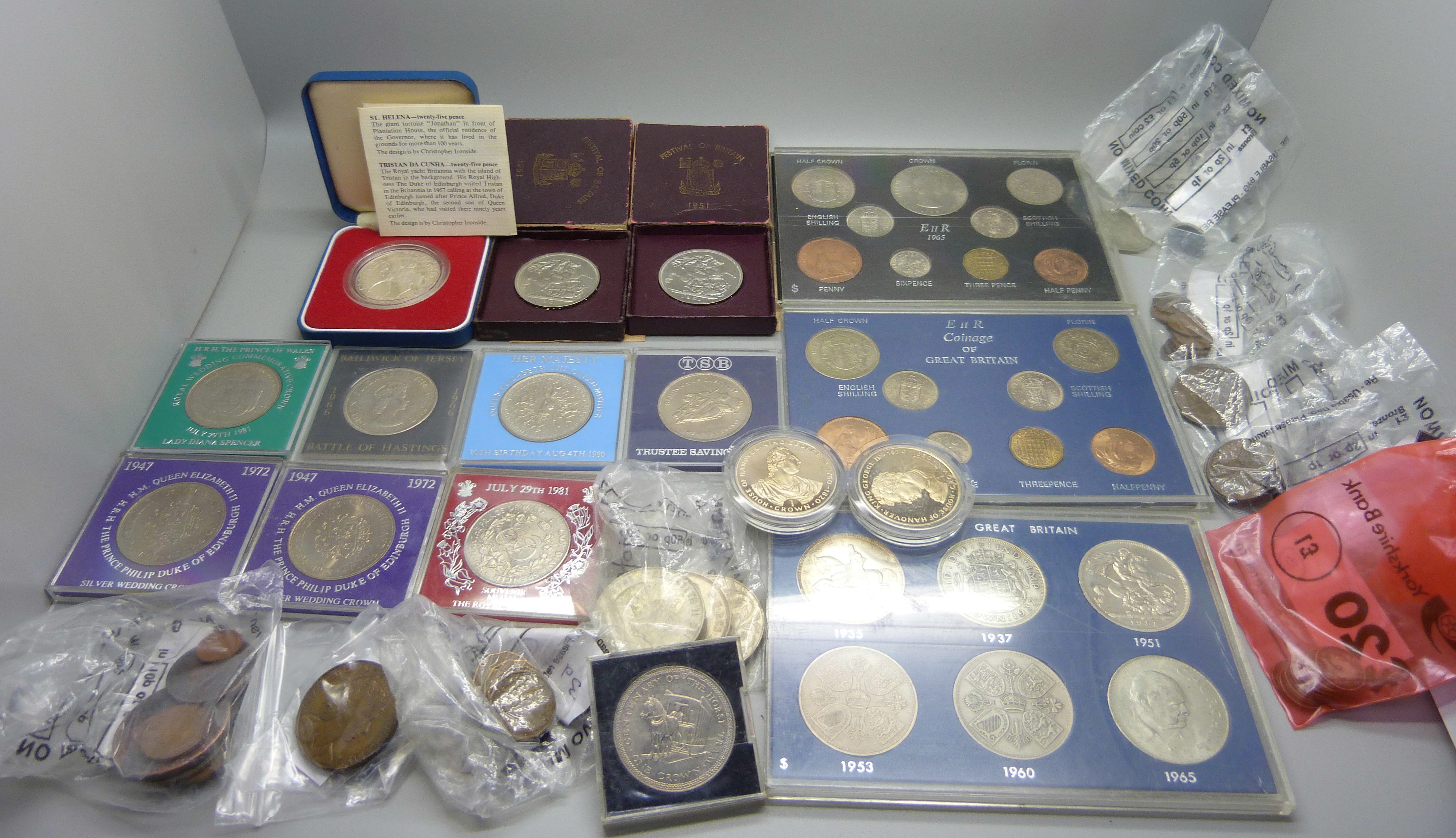 A collection of British coins and commemorative crowns