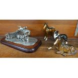 Two Beswick foals, a Beswick sheepdog and a pewter model of steeplechasers