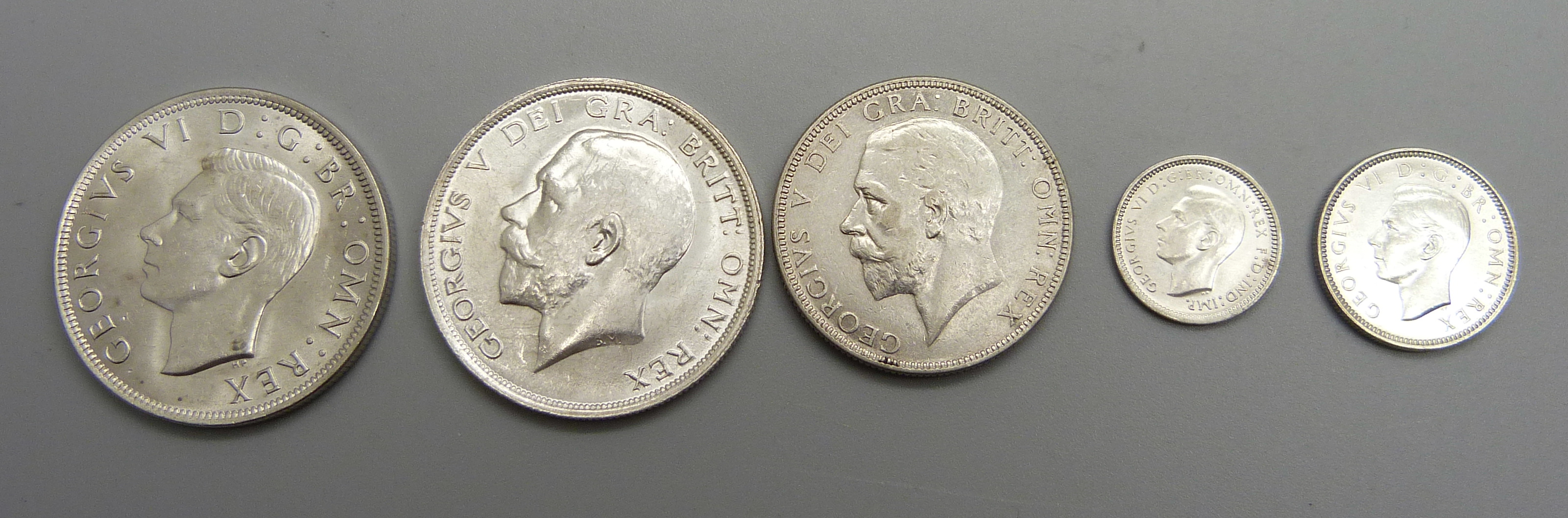 Two half-crowns 1915 and 1945, a 1936 florin, a 1937 sixpence and a 1948 Australian 3d coin