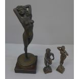 Two small bronze figures; a Satyr and a nude and a larger figure of a nude