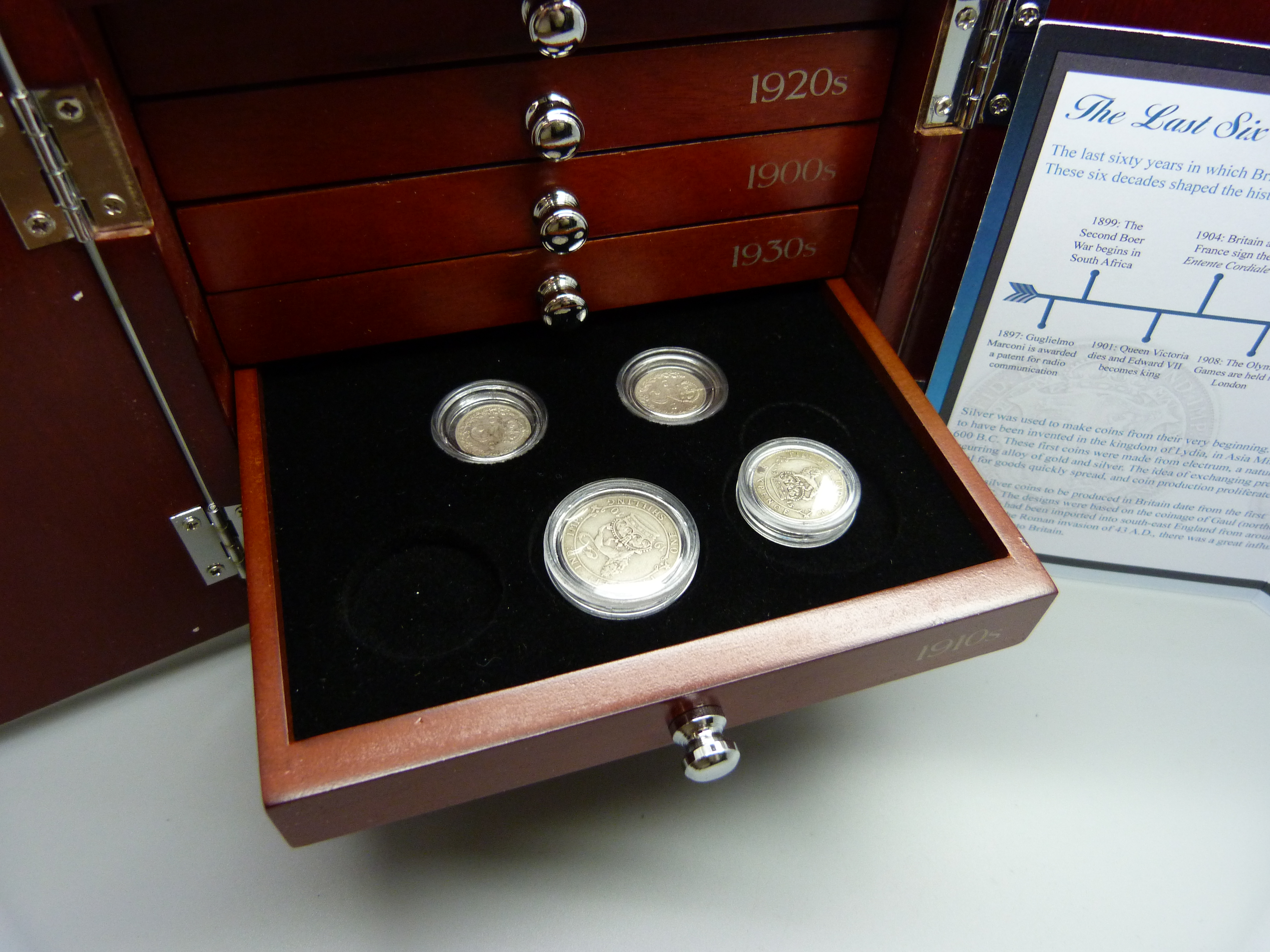 A collection of silver coins, 18 coins in a seven drawer cabinet plus one penny coin - Image 4 of 8