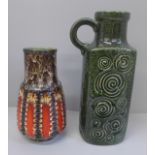 A 1970's Scheurich West German pottery Jura vase in green, 28cm and a Jasba German vase in red and