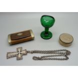 A wooden snuff box, a glass eye bath, a silver cross pendant on chain and a 1977 silver pot set with