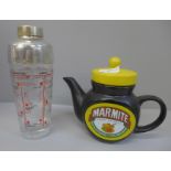 A Marmite teapot and a cocktail shaker with recipes