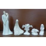 Three Royal Doulton figures, a Royal Worcester figure and one other Spanish figure