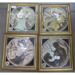 A set of four tubeline and majolica hand decorated tiles: Four Seasons