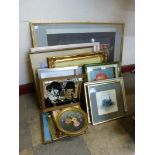 Assorted prints and paintings and a Laurel and Hardy mirror