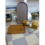 A bagatelle board, a metamorphic sewing box, a tray and a coat hooks