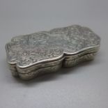 A Victorian silver snuff box, Birmingham 1842, Nathaniel Mills, with inscription, 81mm wide