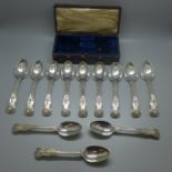 A set of twelve William IV silver spoons, London 1833, cased, maker W.C, 450g