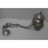 A 19th Century white metal thurible with chains and suspension ring, 19cm