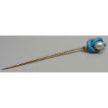 A yellow metal, blue enamel and pearl memorial pin, some enamel a/f, 6.2g