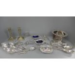 A box of mixed silver plate including wine coasters, candlesticks, etc.