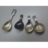 Four 19th century silver caddy spoons, (one a/f, bent)