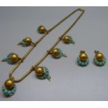 A circa 1900 yellow metal and turquoise necklace with matching earrings, total weight 43.5g