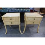 A pair of bamboo and rattan two drawer bedside tables