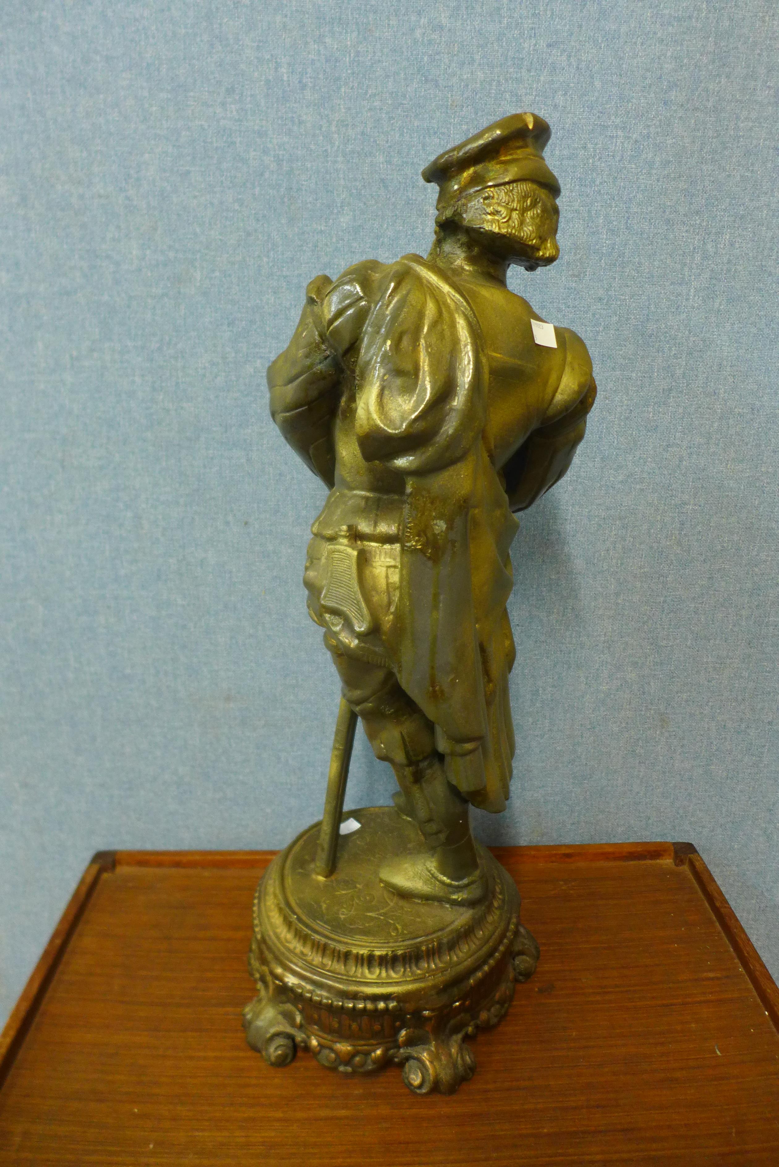 A large continental gilt spelter figure of a soldier, 74cms h - Image 2 of 2