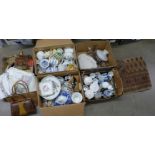 Five boxes of mixed china and household items including table lamp, rug, bird cage**PLEASE NOTE THIS