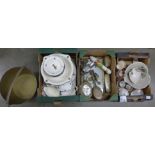 Three boxes of china and metal including a brass pan **PLEASE NOTE THIS LOT IS NOT ELIGIBLE FOR