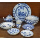 18th Century and later Chinese export blue and white dishes, tea bowl and pot plus a later small