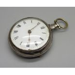 A silver pair case verge pocket watch, case maker's mark IG, hallmarked London 1813 and 1814,