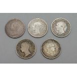 Five 19th Century four pence coins, 1837, 1839, 1840, 1842 and 1843