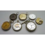 A silver pocket watch, a/f, a pocket watch with Masonic dial, Benson movement, etc.