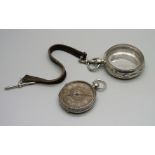 A silver cased fob watch, lacking glass and a silver watch case