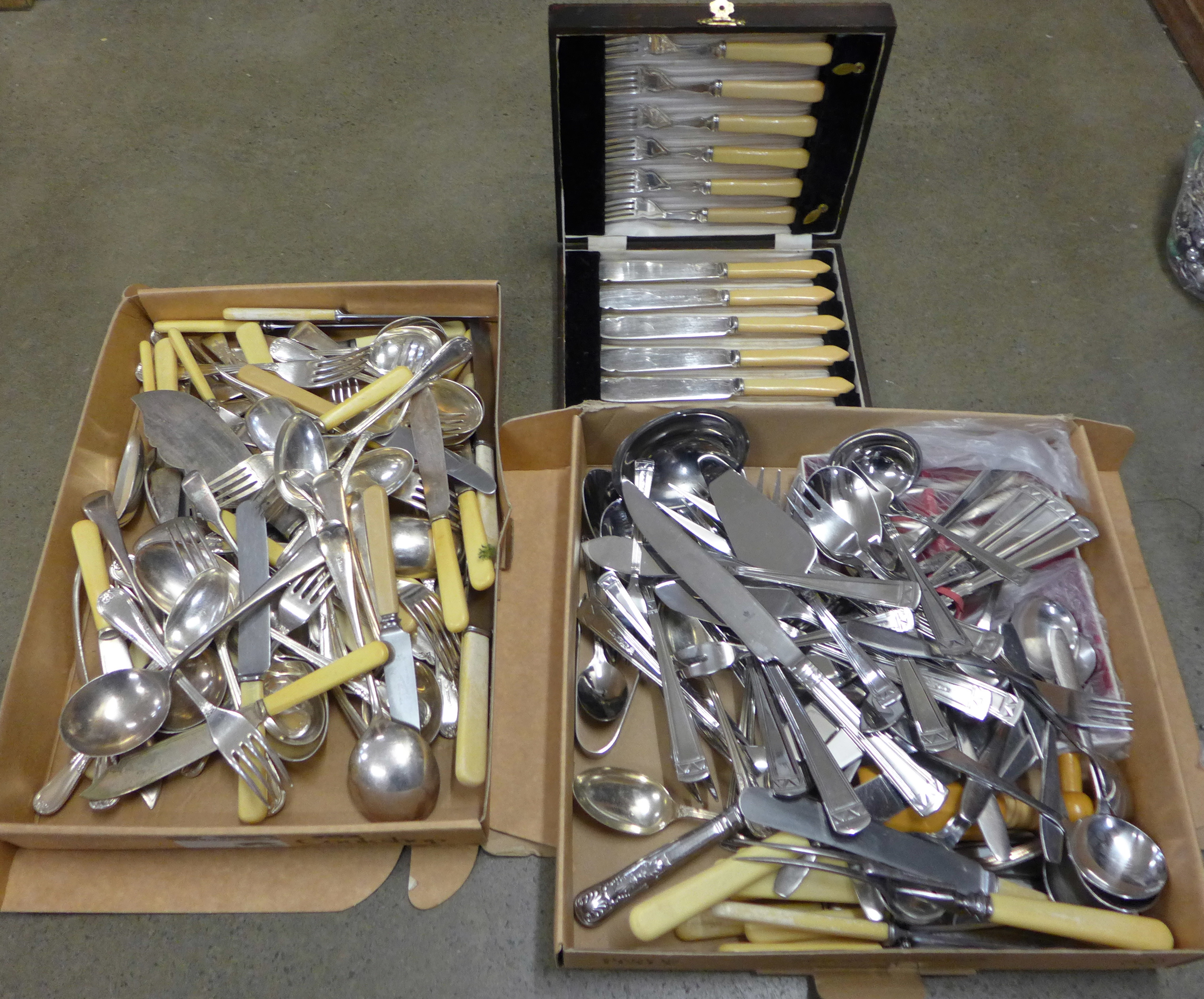 Two boxes of plated and stainless steel cutlery **PLEASE NOTE THIS LOT IS NOT ELIGIBLE FOR POSTING