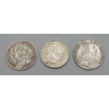 Three sixpence coins, George II 1757, George III 1787 and 1816