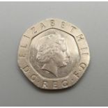 A twenty pence piece mint error coin, lacking date