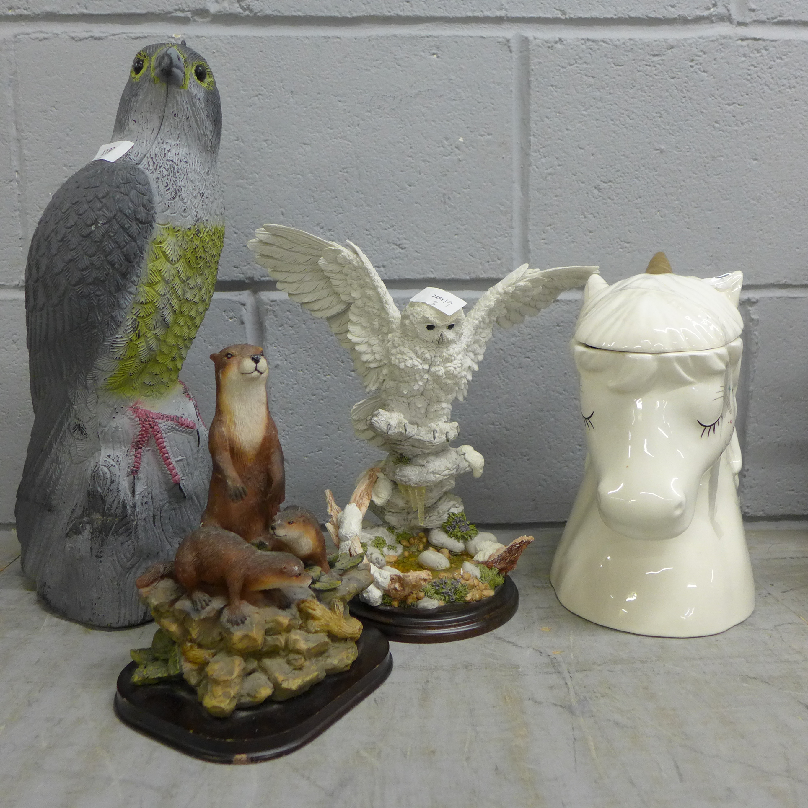 Four animal figures, Snowy Owl, Otters, Falcon and Unicorn storage jar **PLEASE NOTE THIS LOT IS NOT - Image 2 of 3
