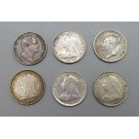 Six sixpence coins, five Victorian and one William IV