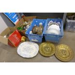 Four boxes of china and metalware including animal figures, plates, etc. **PLEASE NOTE THIS LOT IS