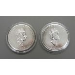 Two 1oz silver proof Canada 5 Dollar coins; 1993 and 1994