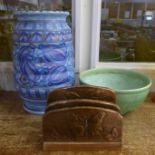 A Crown Ducal vase, signed Rhead, a Falconware bowl and a copper covered Art Nouveau letter rack