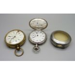 A silver plated Waltham hunter pocket watch, case a/f, a chronograph pocket watch and a protective