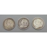 Three one shilling coins, 1894, 1899 and 1900
