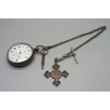 A silver lever pocket watch, a silver Albert chain and fob