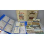 A collection of postcards and cigarette cards and a Beatles illustrated lyrics book