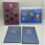 A 1970 proof eight coin set, a 1985 85th Queen Mother eight coin set and two first decimal coin sets