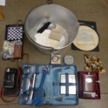 Assorted items; jam pan, compacts, Wade Whimsies, camera, travel set, an H. Samuel hip flask and