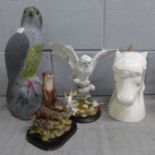 Four animal figures, Snowy Owl, Otters, Falcon and Unicorn storage jar **PLEASE NOTE THIS LOT IS NOT