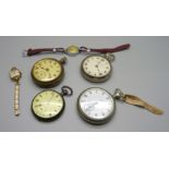 Four pocket watches including Elgin and two lady's wristwatches