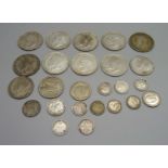 A collection of pre-1947 half silver coins including one Irish coin, 182g
