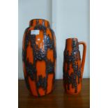 A West German 553-38 Scheurich Keramik fat lava glazed vase, a/f and a West German 275-28 fat lava