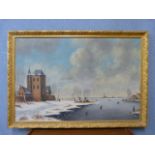 Dutch School, winter landscape with figures skating on a frozen river, oil on canvas, indistinctly