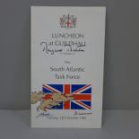 A luncheon menu for The South Atlantic Task Force, signed by Margaret Thatcher, Jeremy Moore and